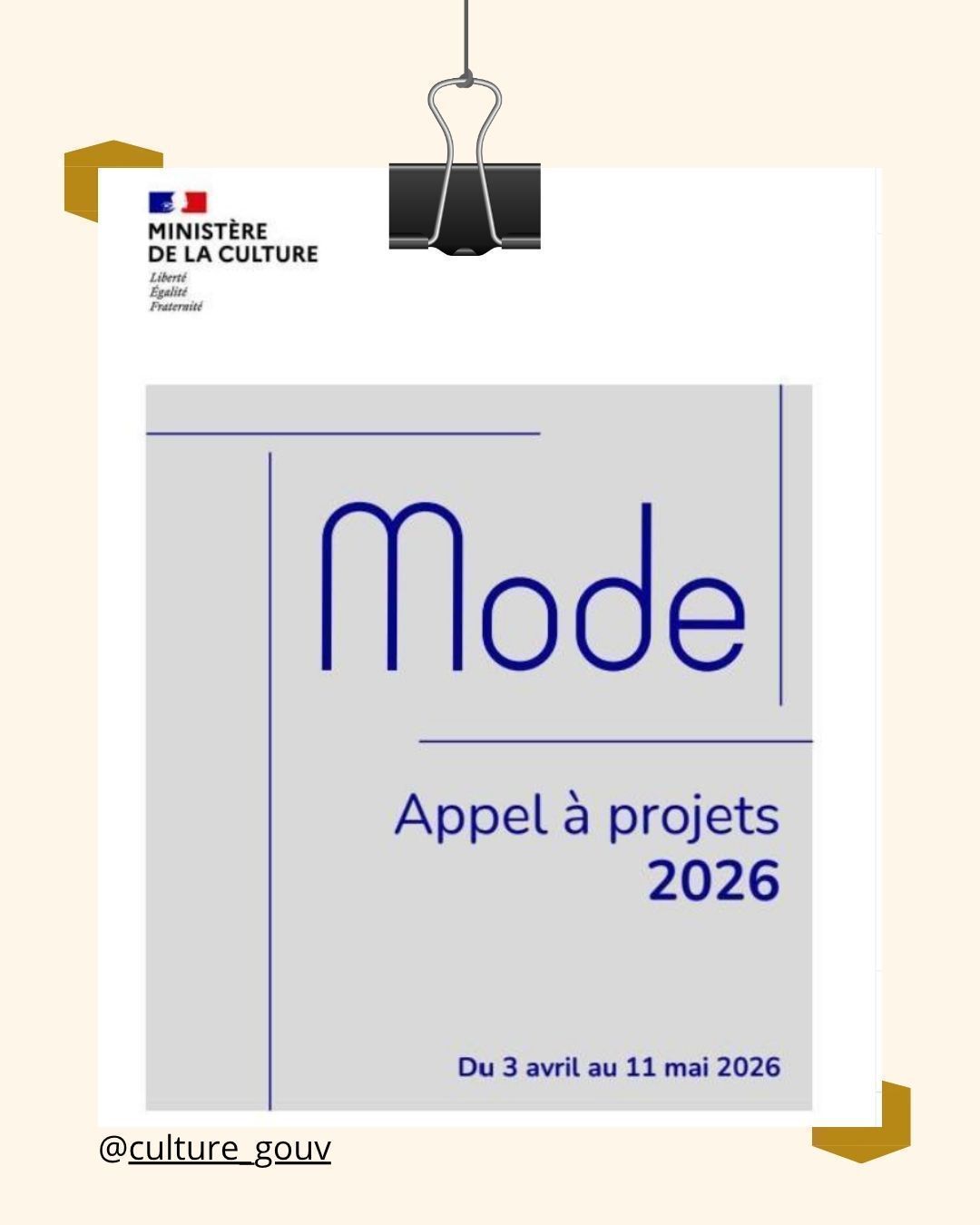 Chaque année, le ministère de la Culture met en œuvre un « Appel à projets Mode », dispositif de soutien qui ouvre l’accès à une subvention de fonctionnement destinée à financer trois types de dépenses : le développement digital, l’acquisition d’équipements et les projets de recherche et développement.
Ce dispositif permet d’ accompagner le développement économique et créatif des entreprises qui incarnent la mode française en soutenant leurs investissements stratégiques (digital, équipement et R&D) afin de promouvoir la création émergente, encourager les modèles éthiques et éco-responsables, favoriser la relocalisation en France et en Europe et renforcer le rayonnement des savoir-faire qui fondent l’excellence de la filière.

Lien pour candidater : [ https://buff.ly/g7VdPlJ ]
(accessible également dans la bio)

Pour candidater, il est nécessaire de soumettre un dossier via une plateforme en ligne, comprenant un formulaire à remplir et des pièces complémentaires à fournir. Si la candidature est complète et conforme aux critères d’éligibilité, elle sera examinée par un jury chargé de sélectionner les lauréats de l’année.
Date limite 𝗹𝗲 𝟭𝟭 𝗺𝗮𝗶 𝟮𝟬𝟮𝟲 : 

#appelaprojet #fashion #mode #savoirfaire #madeinfrance #fashiondesign
@culture_gouv

#standwithukraine 💙💛